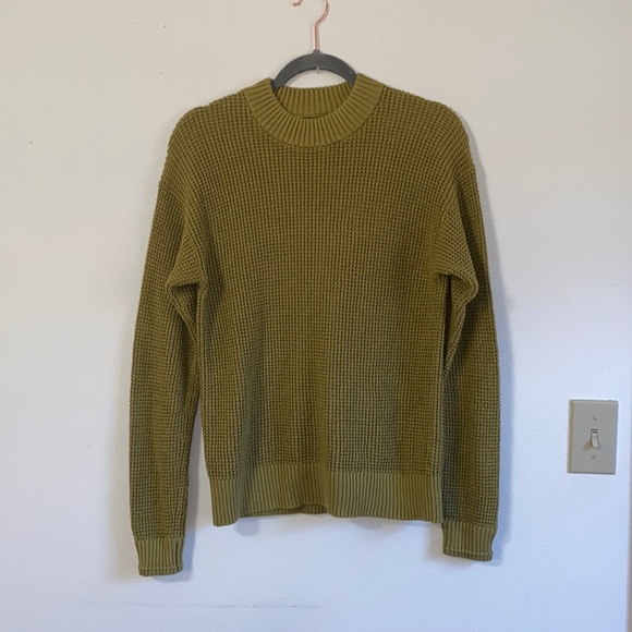 Everlane Waffle Knot Textured Olive Green Crew Neck Organic Cotton Sweater - Picture 1 of 6